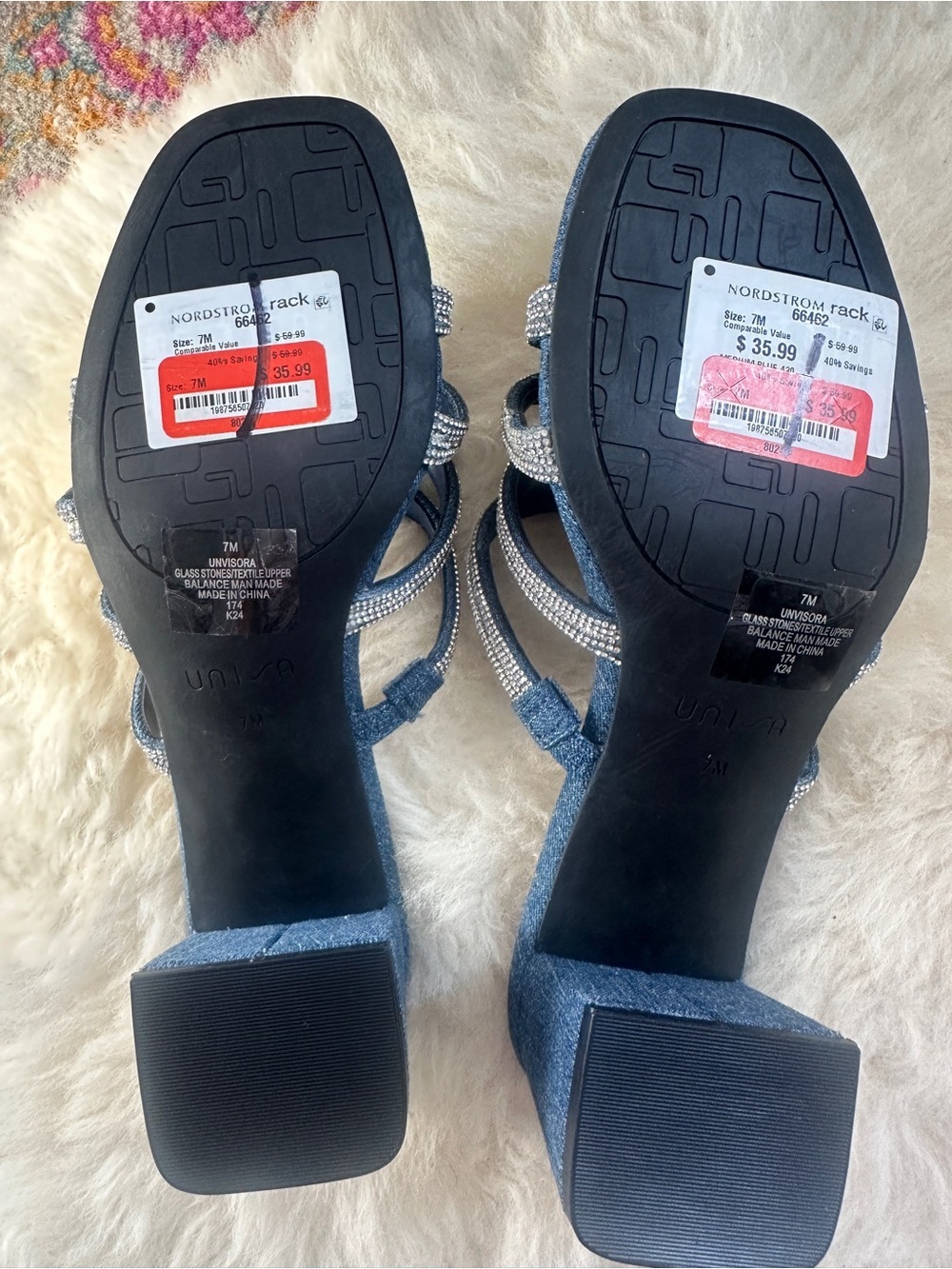 Unisa Denim Rhinestone Sandals Womens 7 Blue Block Heel Open Toe New - Picture 9 of 9